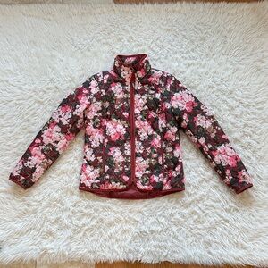 Lands’ End pink burgundy floral light weight quilted coat jacket XS